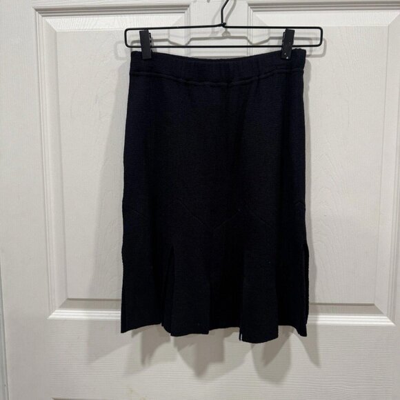 ST JOHN Black Santana Knit Skirt Split Flap Flare Hem Size 0 Pull On Stretch - Picture 3 of 8
